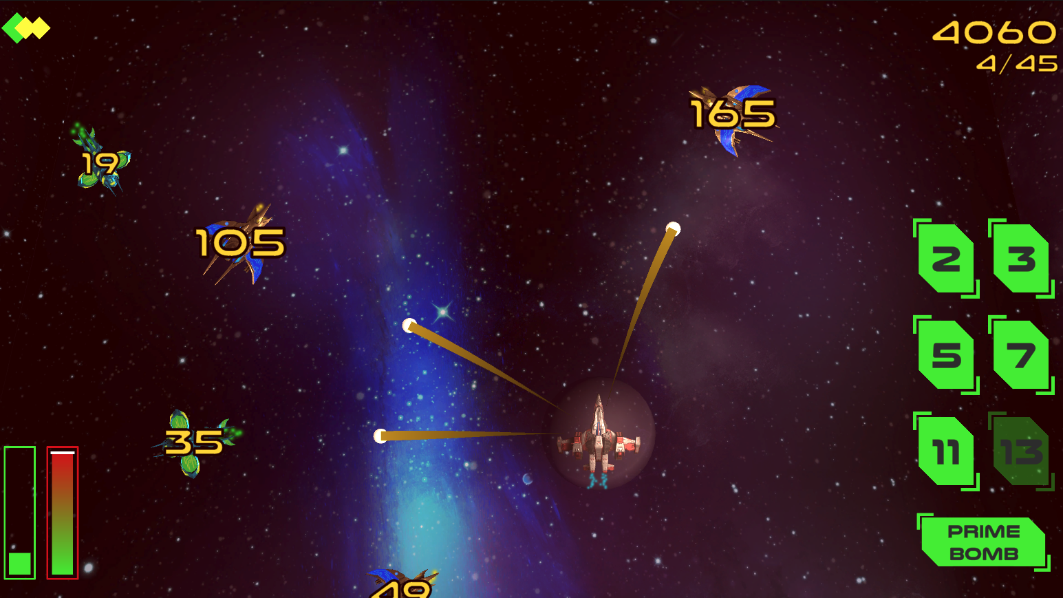 The player's ship is firing multiple torpedoes at enemies with 5 as a factor on the screen