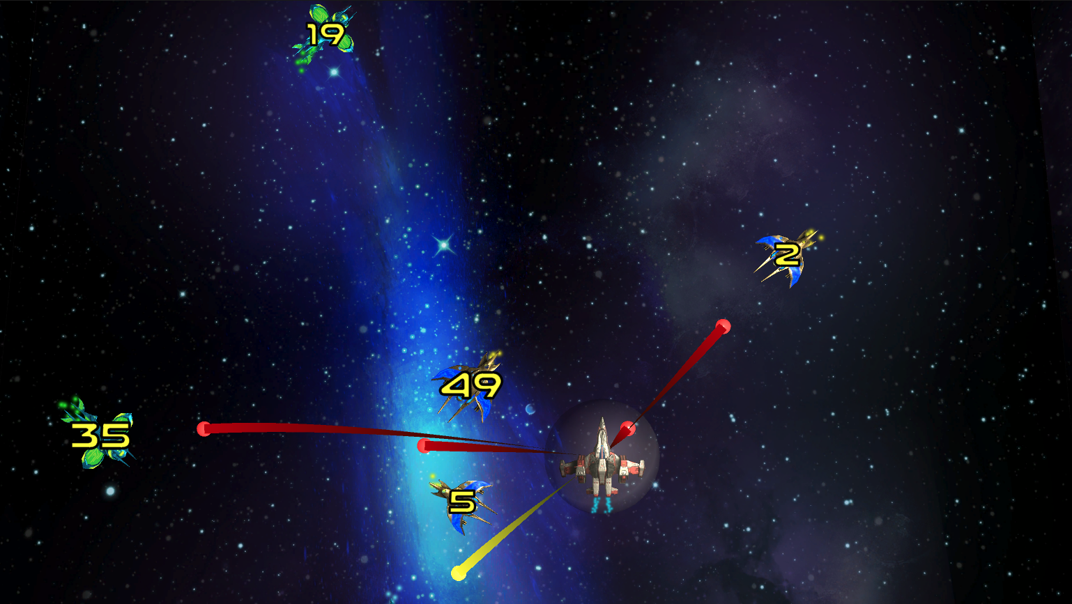 A screenshot from Factorians showing multiple numbered aliens on the screen
                    and a spaceship firing torpedoes at those that match the factor chosen