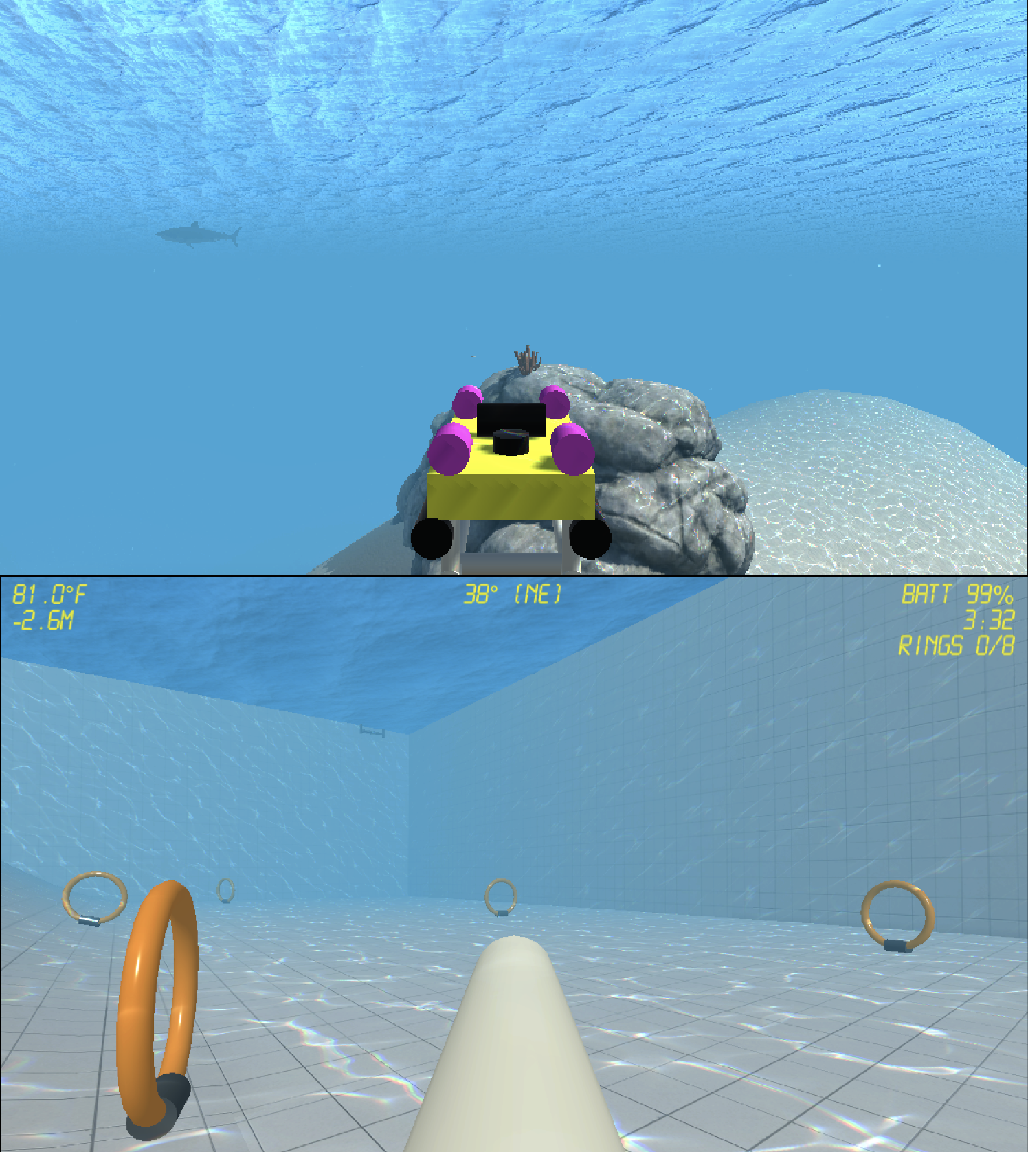 Two images from early prototypes of Underwater Robot Constructor, one in open water and one in a 
                    swimming pool with several rings scattered nearby