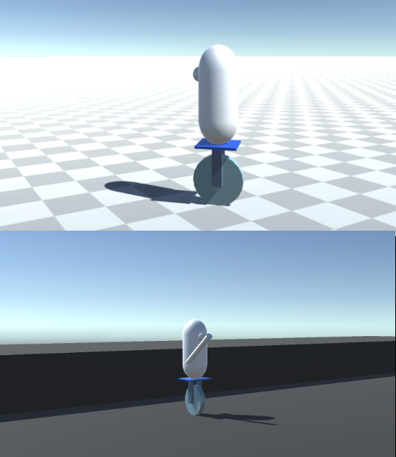 Two early prototypes of Unicycle Samurai using cylinders to stand in for the players